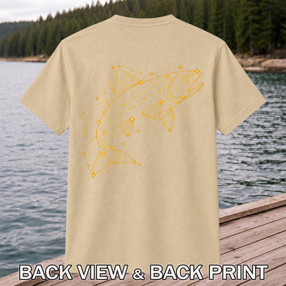 Celestial Fish Constellation Gold Line Art Fishing Graphic T-Shirt | Back Print