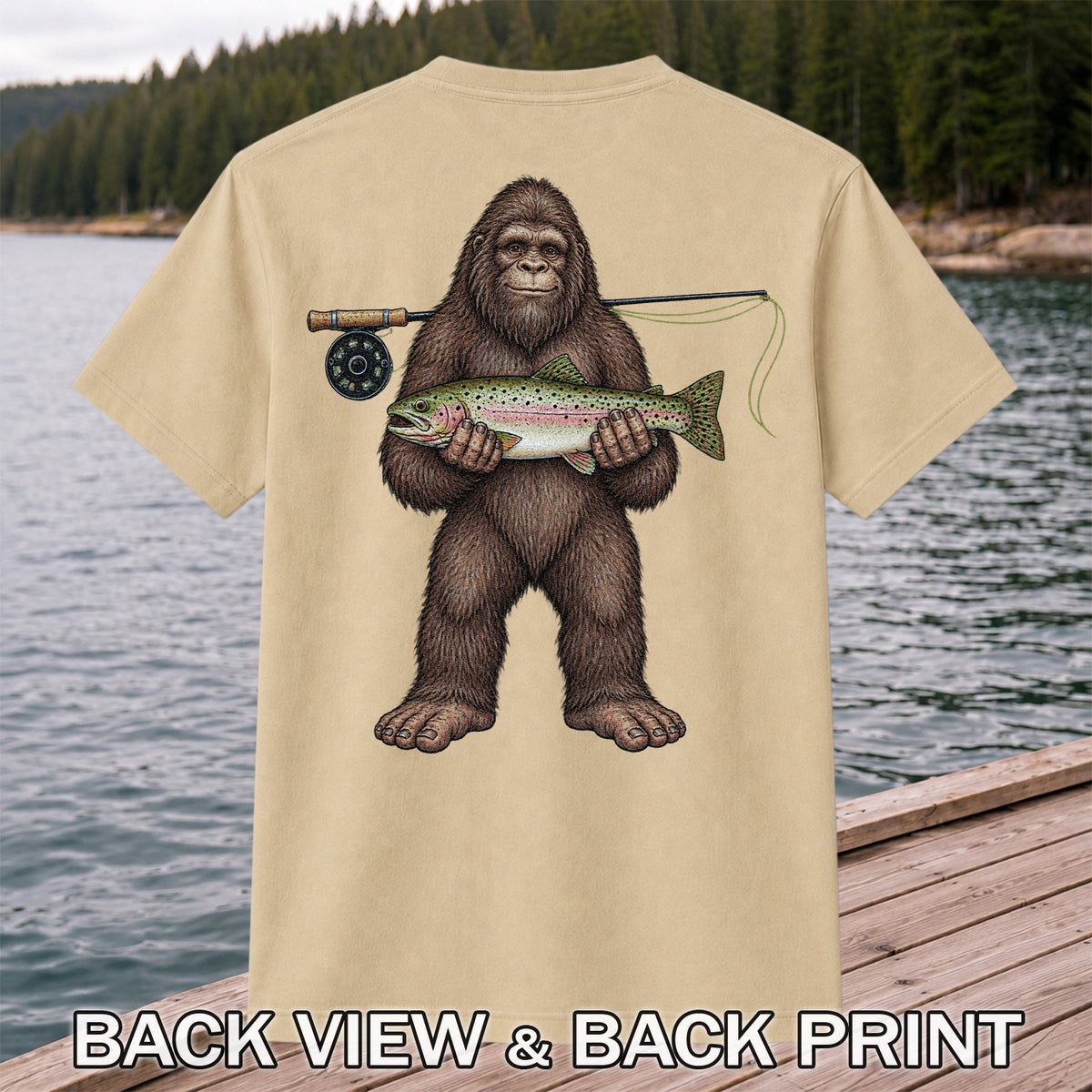 Bigfoot Holding Rainbow Trout Fly Fishing Graphic T-Shirt | Back Print