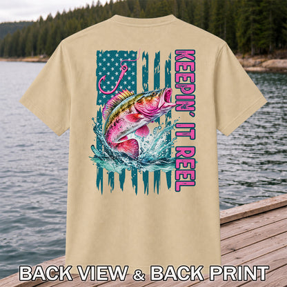 Keepin' It Reel Bass Fishing American Flag Graphic T-Shirt | Back Print