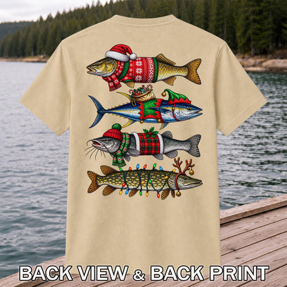 Christmas Fish in Festive Sweaters Fishing Graphic T-Shirt | Back Print