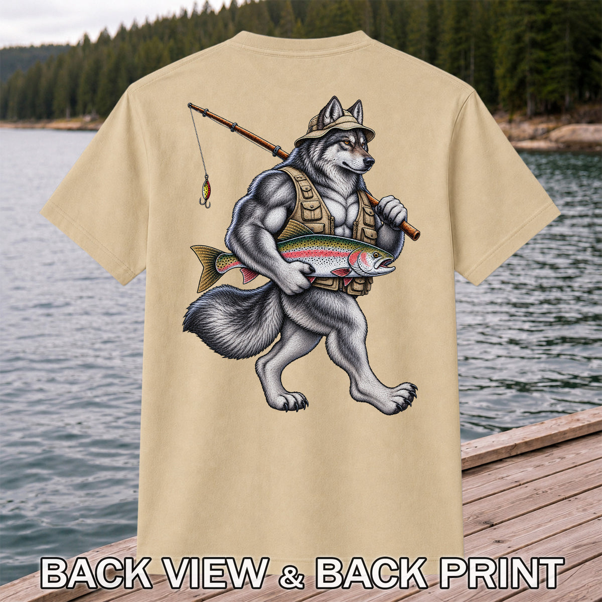 Wolf Angler Holding Rainbow Trout Fishing Graphic T-Shirt | Back Print