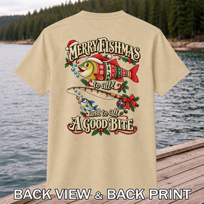 Merry Fishmas to All and to All a Good Bite Christmas Fishing T-Shirt | Back Print