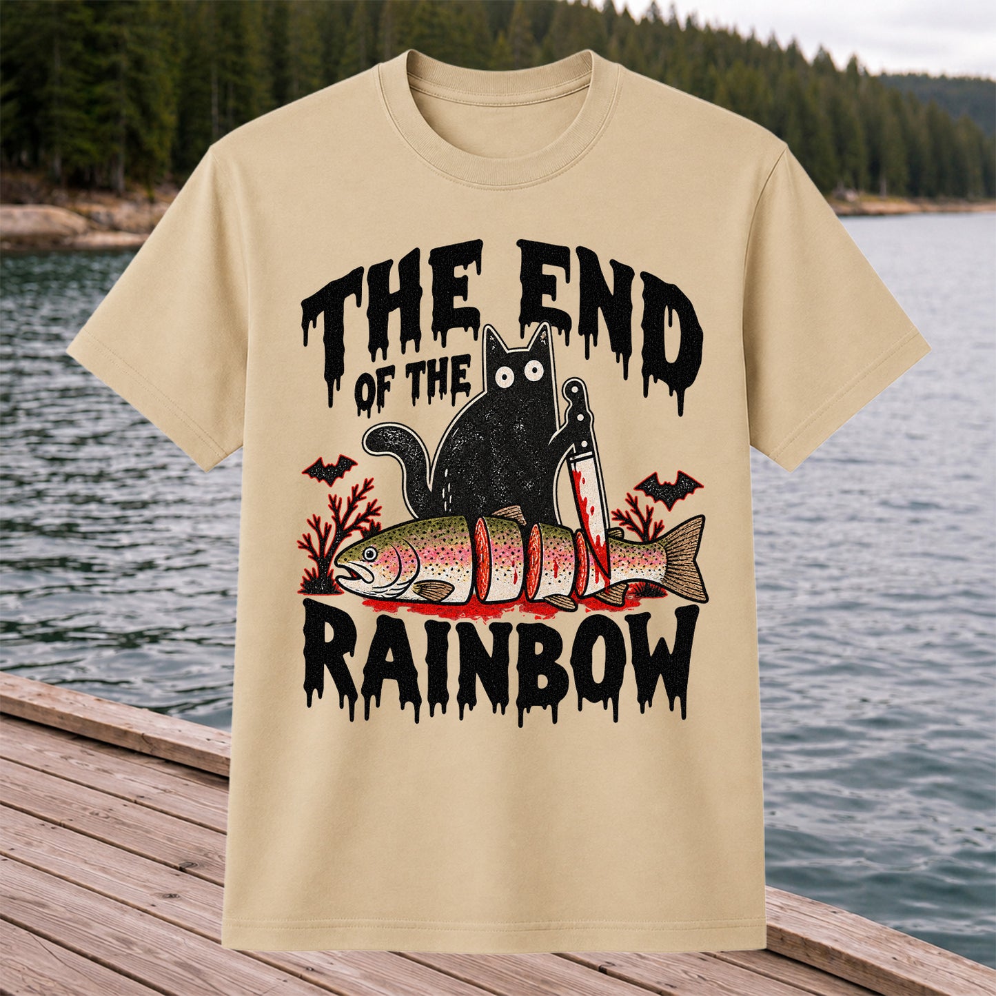 The End of the Rainbow Black Cat and Rainbow Trout Halloween Fishing T-Shirt