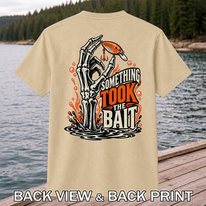 Skeleton Took the Bait Fishing Lure Gothic Graphic T-Shirt | Back Print