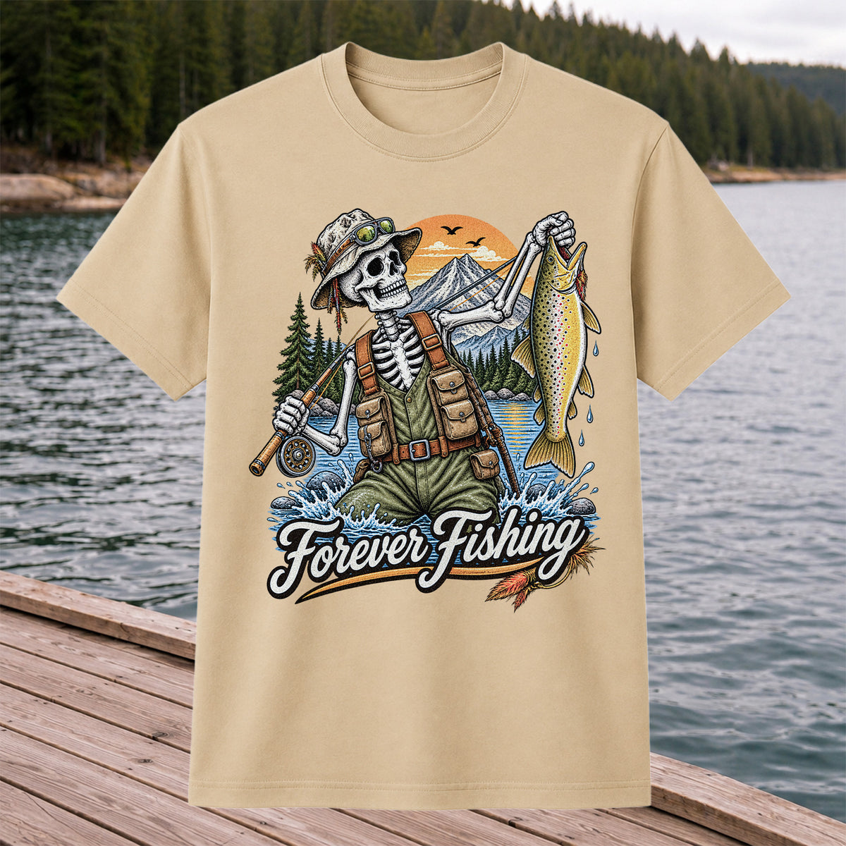 Forever Fishing Skeleton Angler Holding Brown Trout Graphic T-Shirt