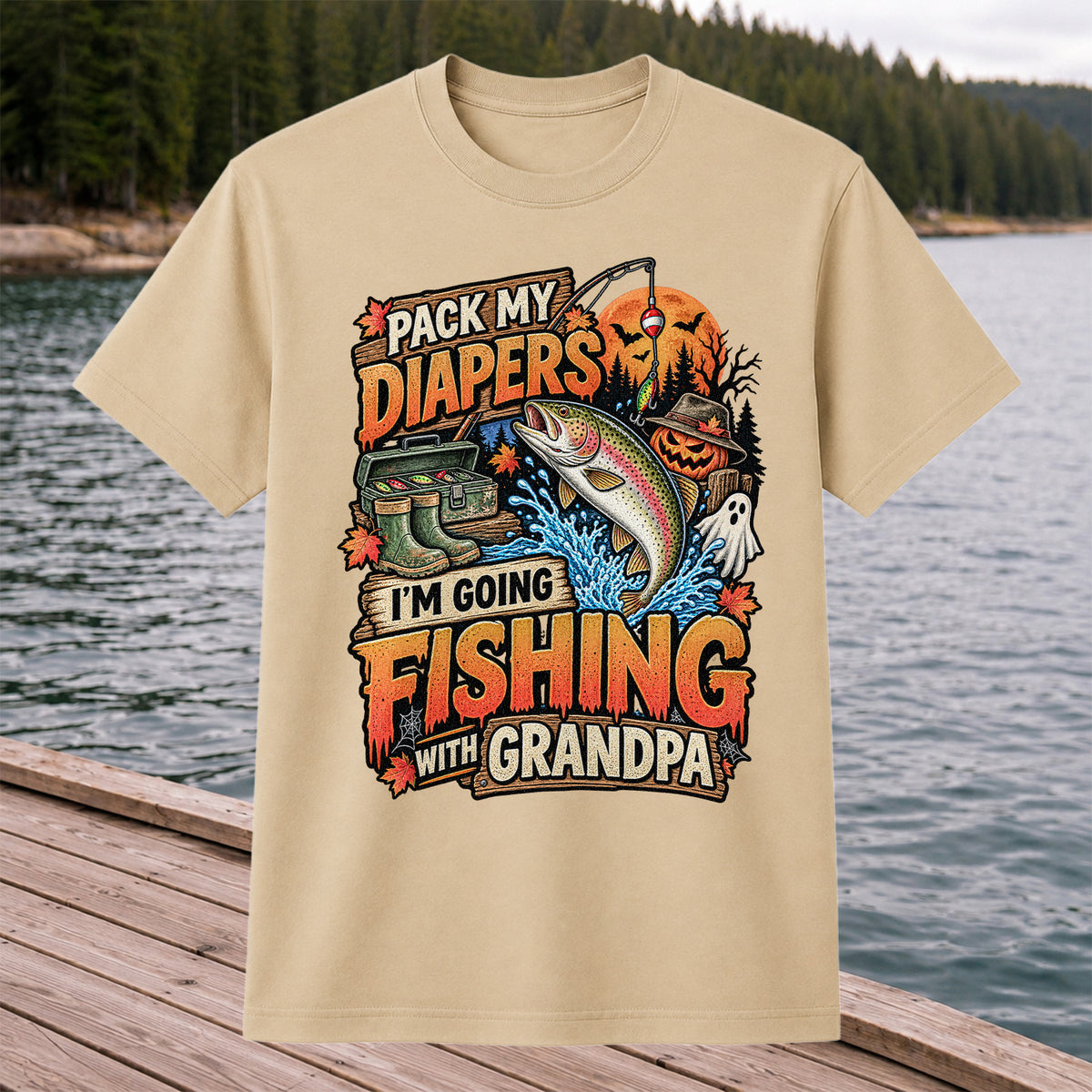 Pack My Diapers I'm Going Fishing With Grandpa Halloween Rainbow Trout T-Shirt