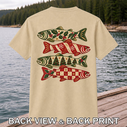 Christmas Trout Holiday Pattern Fishing Graphic T-Shirt | Back Print