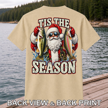 Tis the Season Santa Holding Bass and Rainbow Trout Christmas Fishing T-Shirt | Back Print