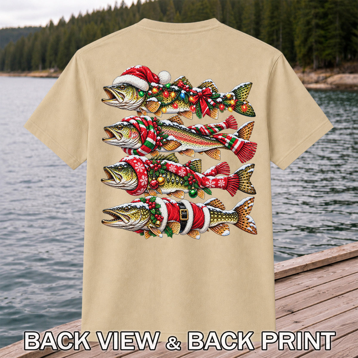 Christmas Trout Fishing Holiday Graphic T-Shirt | Back Print