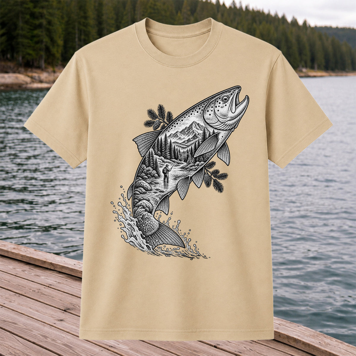 Leaping Trout with Mountain River and Angler Fishing Graphic T-Shirt