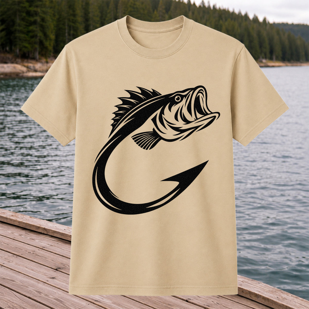 Bass Fish Hook Silhouette Fishing Graphic T-Shirt
