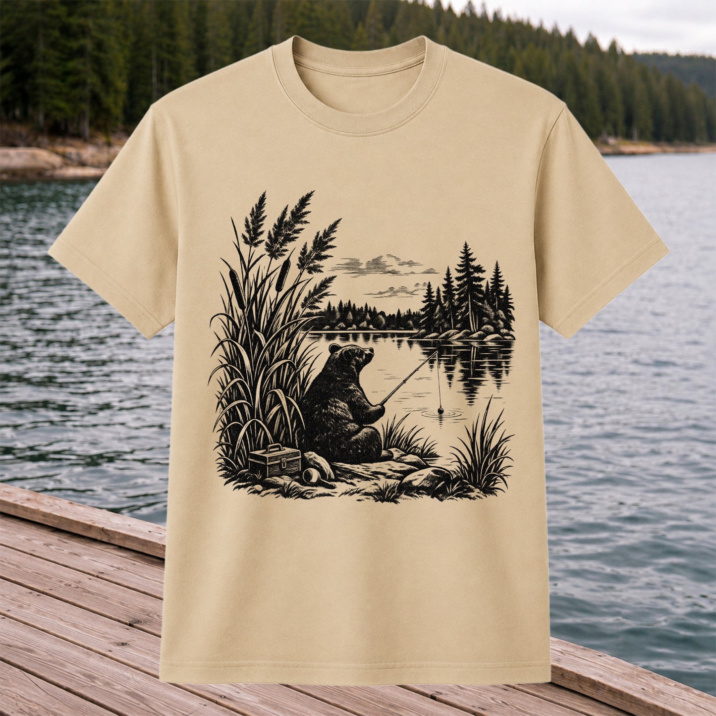 Bear Fishing by the Lake Vintage Outdoor Graphic T-Shirt