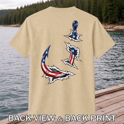 Patriotic American Flag Fishing Hooks Graphic T-Shirt | Back Print