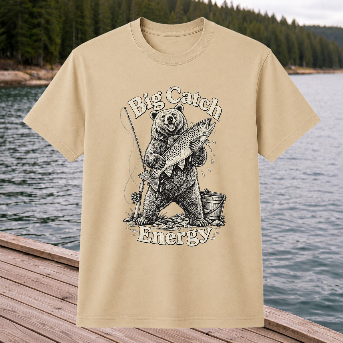 Big Catch Energy Bear and Trout Fishing T-Shirt
