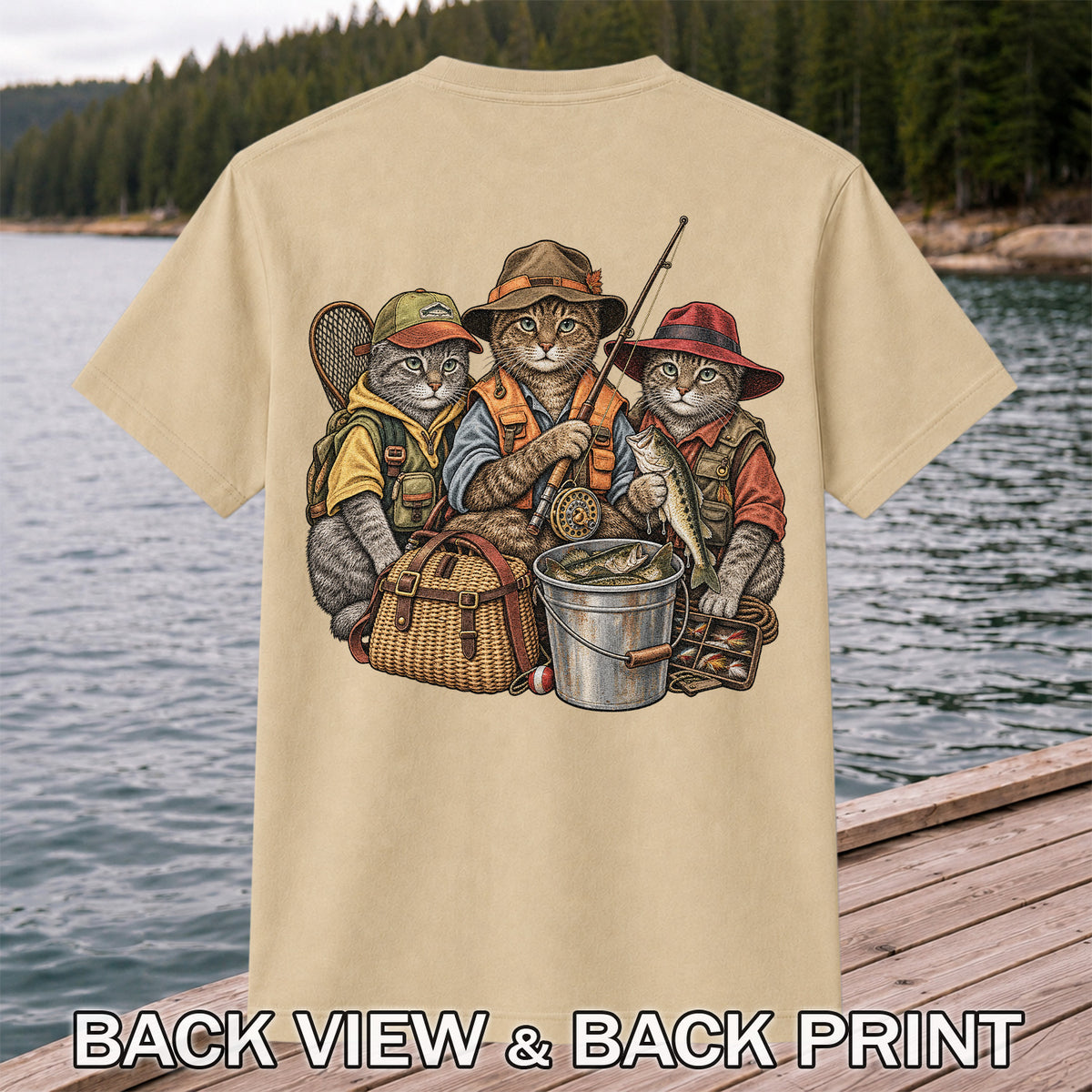 Three Fishing Cats with Rod and Catch Vintage Graphic T-Shirt | Back Print