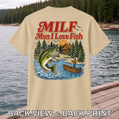 MILF Man I Love Fish Jumping Bass and Cabin Fishing T-Shirt | Back Print