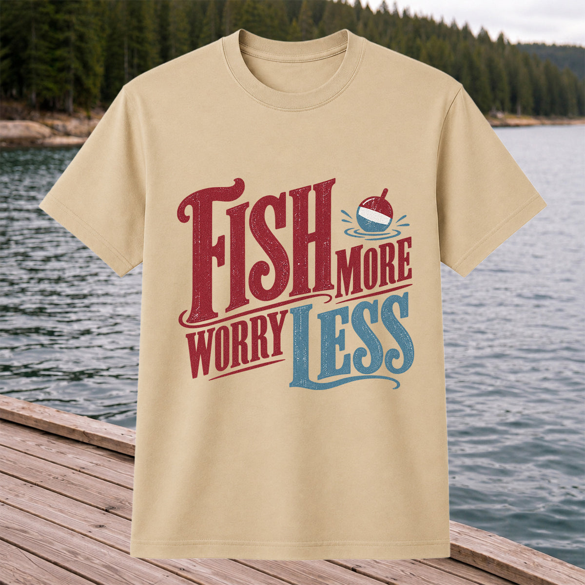 Fish More Worry Less Vintage Bobber Fishing Graphic T-Shirt