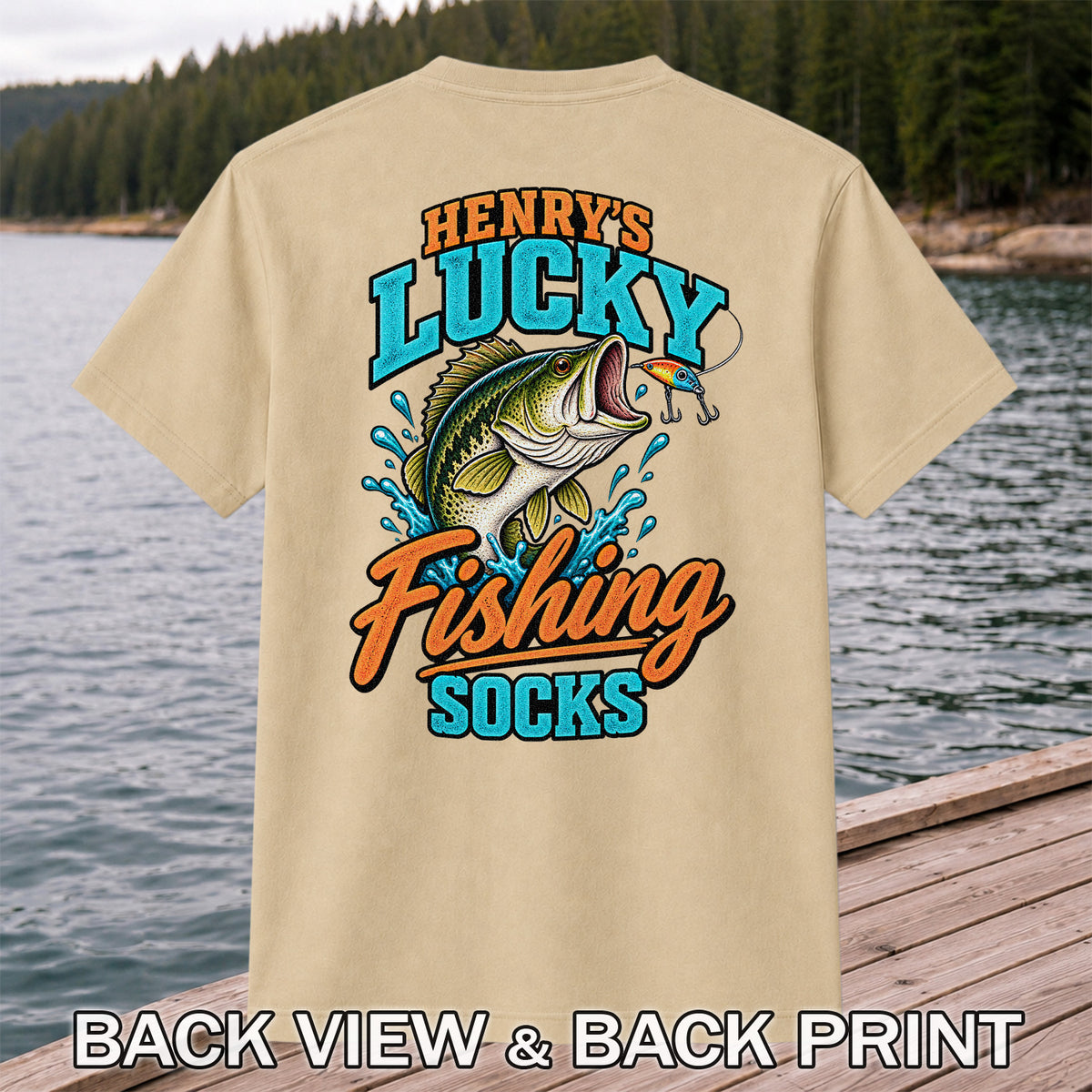 Henry's Lucky Fishing Socks Jumping Bass Graphic T-Shirt | Back Print