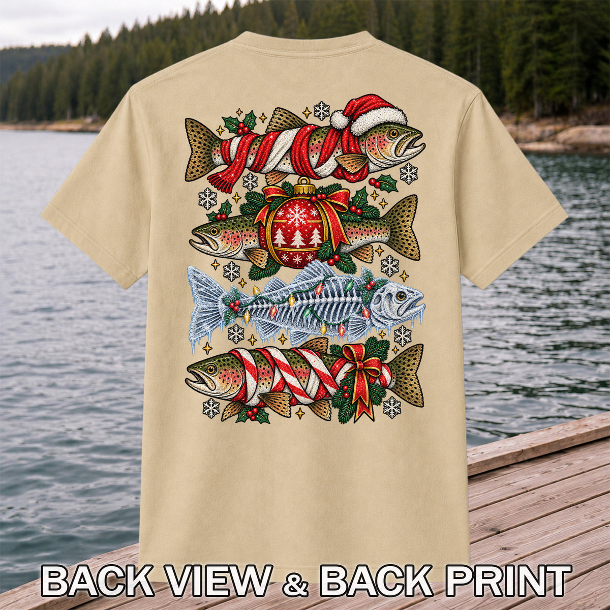 Christmas Rainbow Trout and Fish Skeleton Fishing Graphic T-Shirt | Back Print