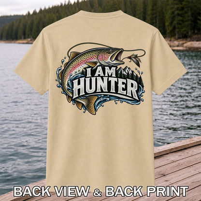 I Am Hunter Rainbow Trout Fly Fishing Mountain Graphic T-Shirt | Back Print