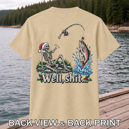 Well, Shit... Skeleton and Leaping Rainbow Trout Christmas Fishing T-Shirt | Back Print