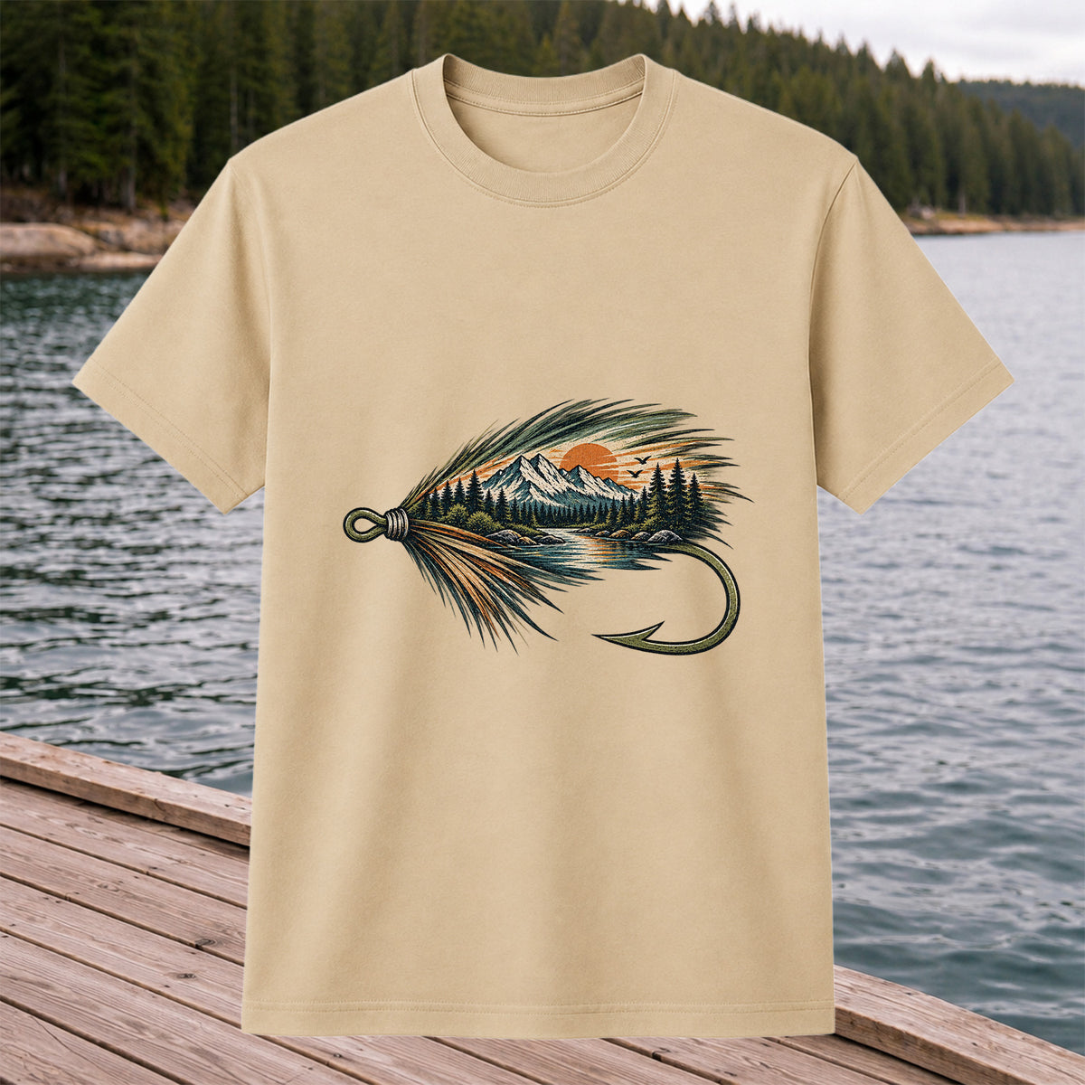 Mountain Lake Fly Fishing Hook Graphic T-Shirt