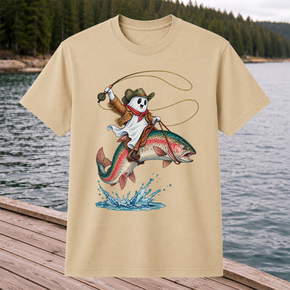 Ghost Cowboy Riding a Rainbow Trout Halloween Fishing T-Shirt