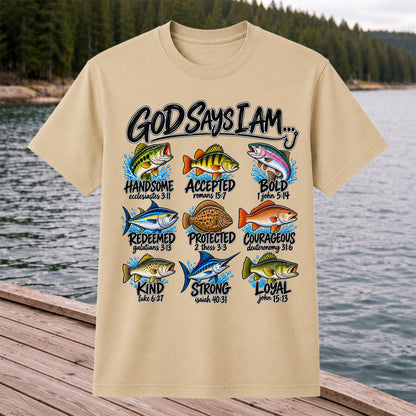 God Says I Am Christian Fish and Bible Verse Fishing Graphic T-Shirt