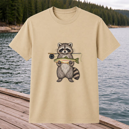 Cute Raccoon Holding Rainbow Trout Fly Fishing Graphic T-Shirt