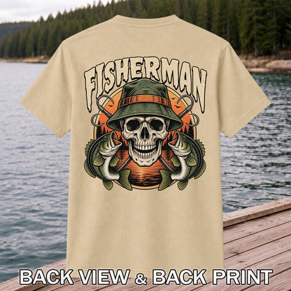 Fisherman Skull with Bucket Hat and Bass Fishing Graphic T-Shirt | Back Print