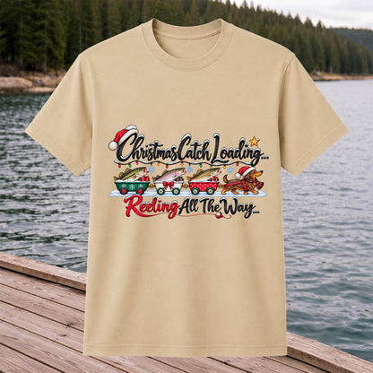 Christmas Fishing Train with Trout and Dog Graphic T-Shirt