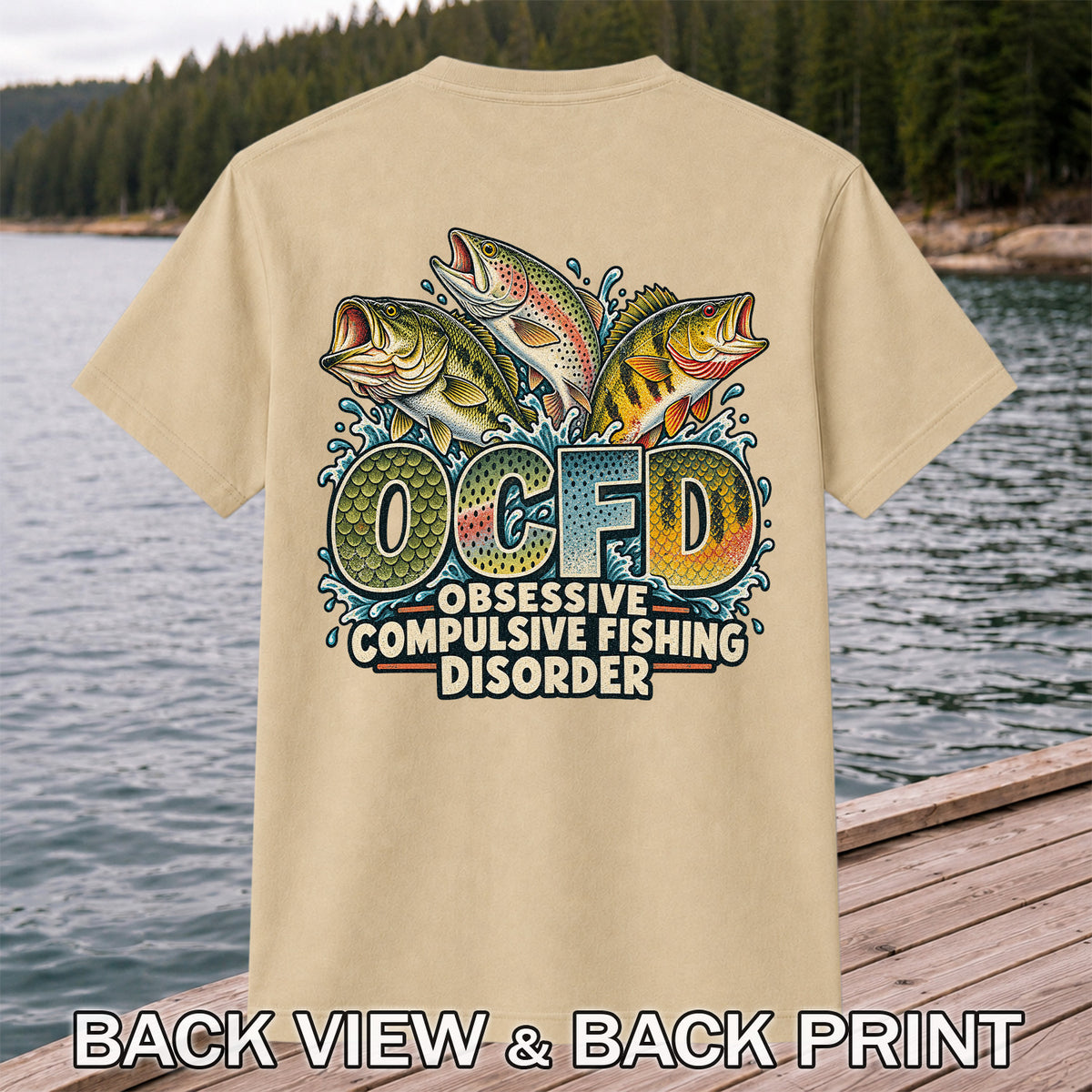 OCFD Obsessive Compulsive Fishing Disorder Bass and Trout T-Shirt | Back Print