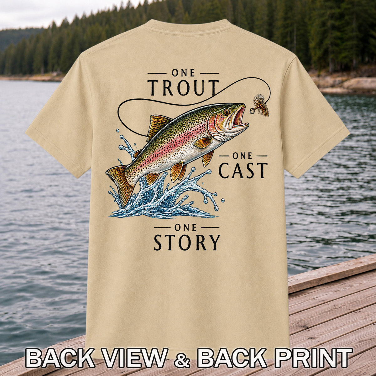 One Trout One Cast One Story Rainbow Trout Fly Fishing T-Shirt | Back Print