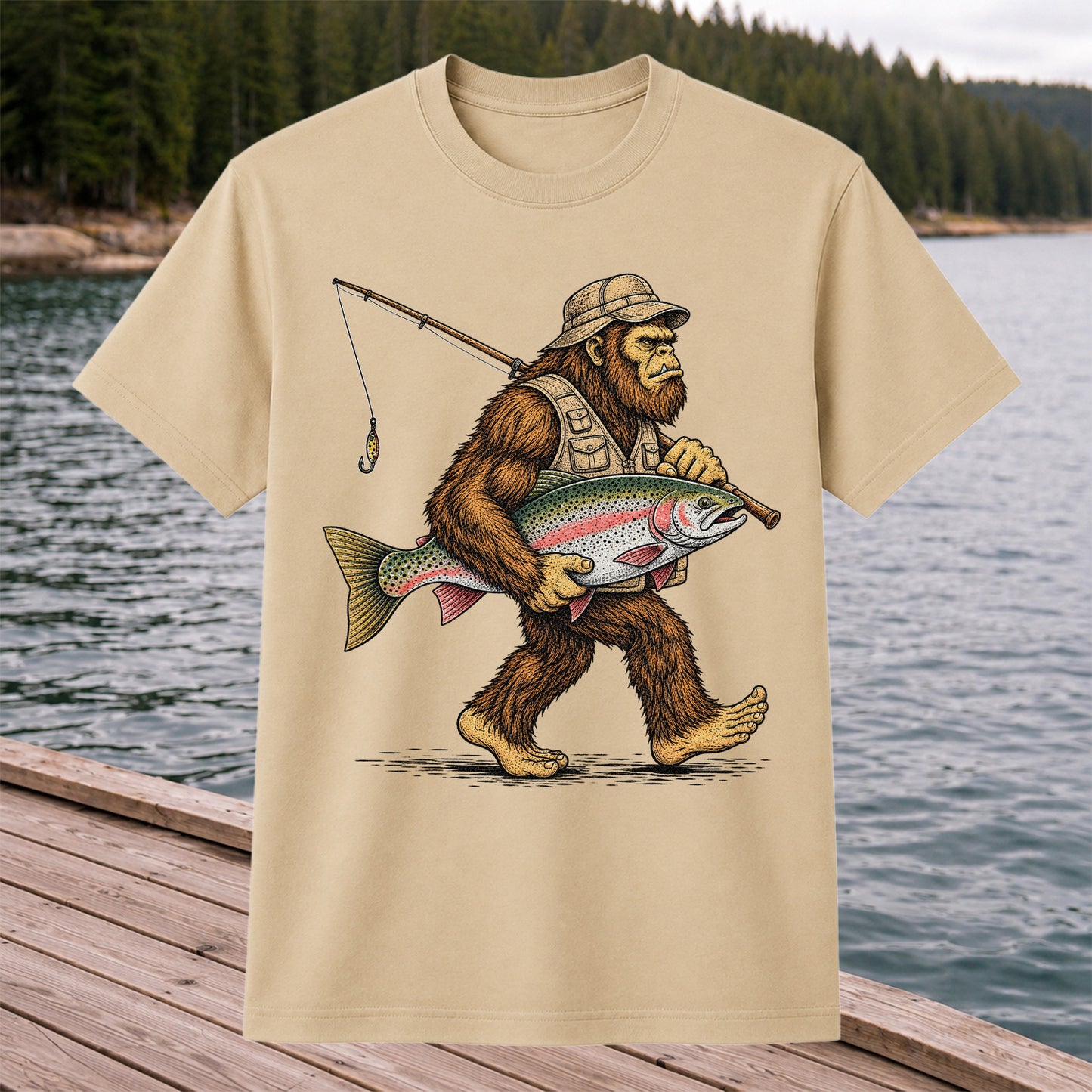Bigfoot Holding Rainbow Trout Vintage Fishing Graphic T-Shirt