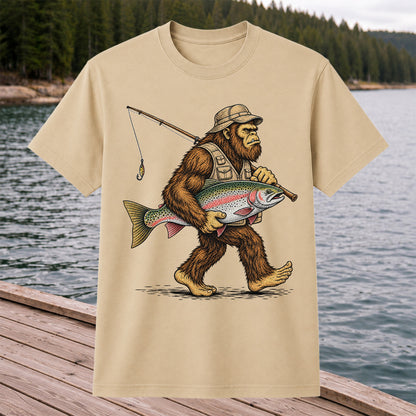 Bigfoot Holding Rainbow Trout Vintage Fishing Graphic T-Shirt