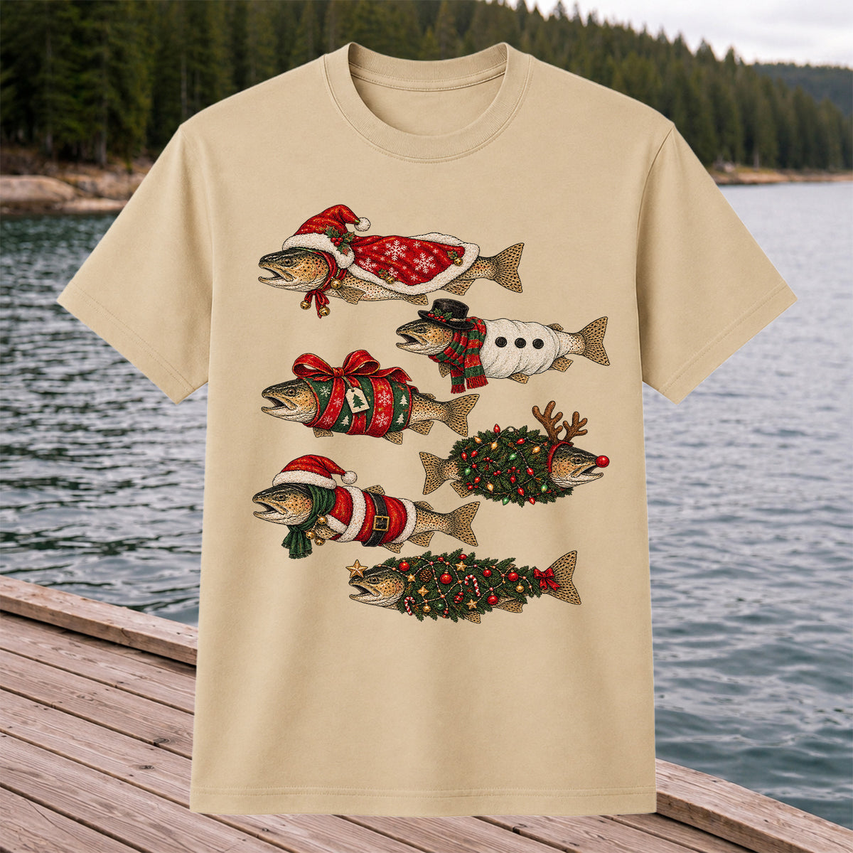 Christmas Trout in Festive Costumes Fishing Graphic T-Shirt