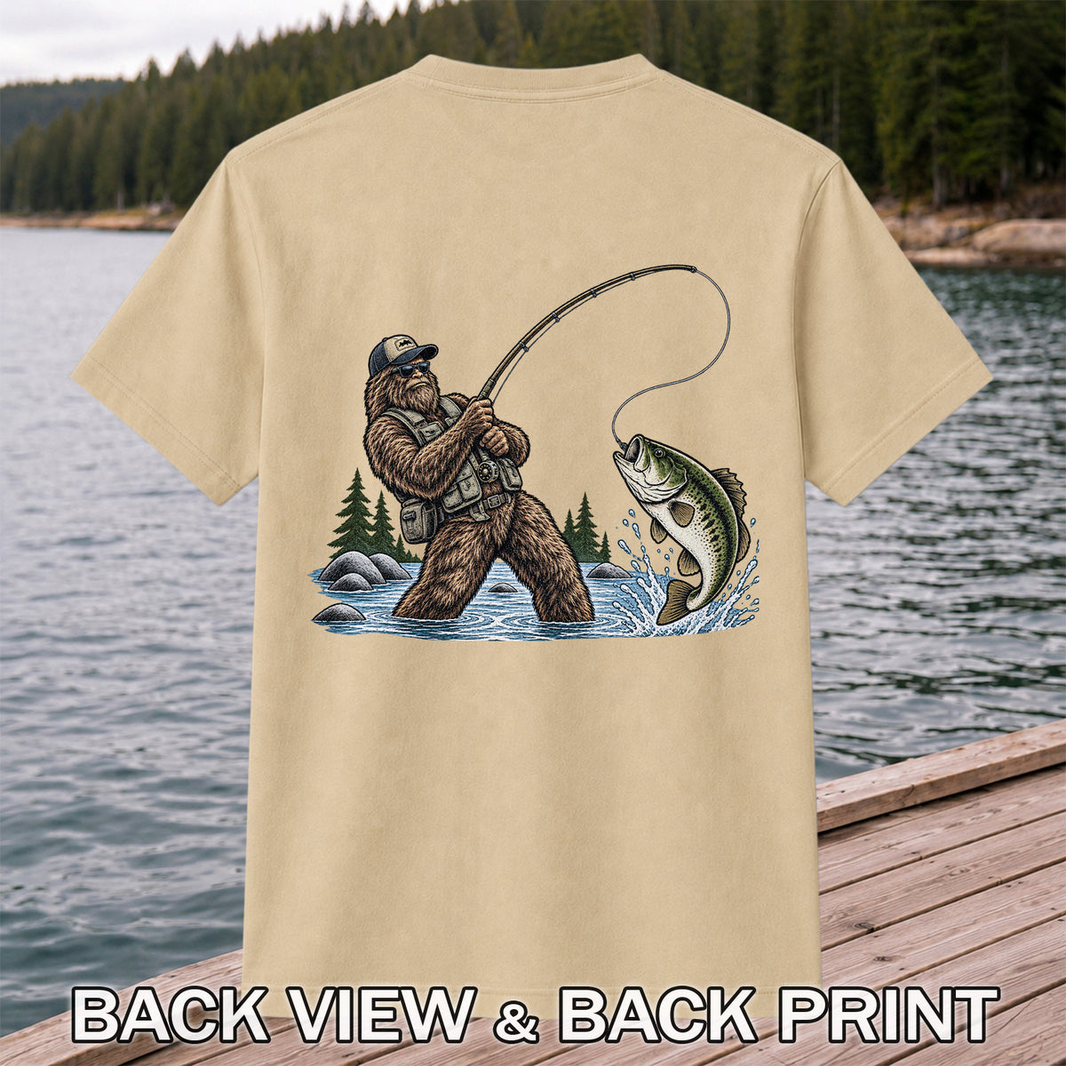 Bear Catching Bass Fishing Graphic T-Shirt | Back Print