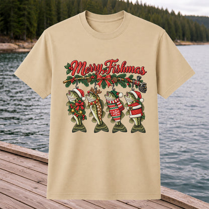 Merry Fishmas Christmas Bass Fishing Graphic T-Shirt