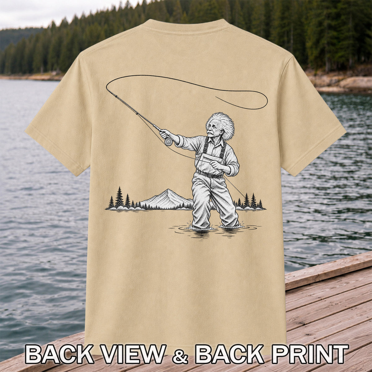 Vintage Fly Fisherman Mountain Lake Fishing Graphic T-Shirt | Back Print