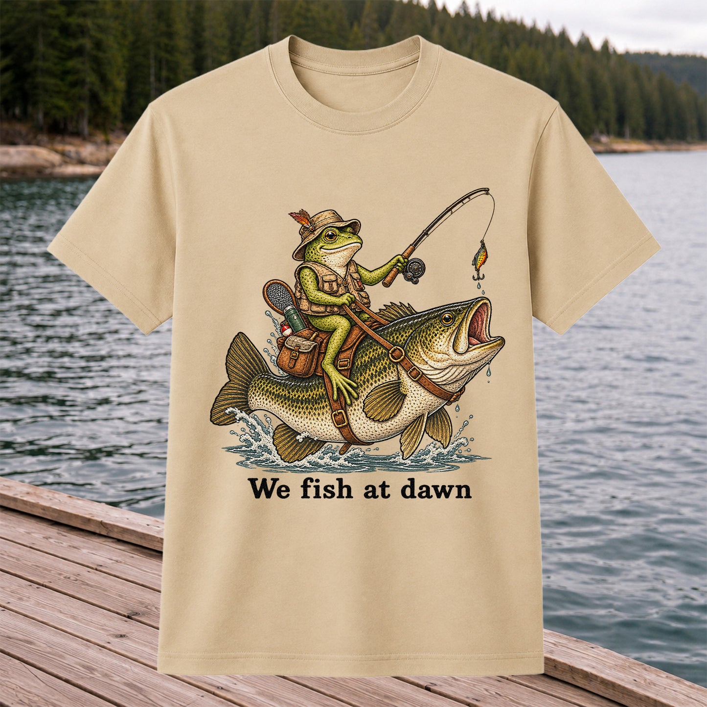 We Fish at Dawn Frog Riding Largemouth Bass Funny Fishing T-Shirt