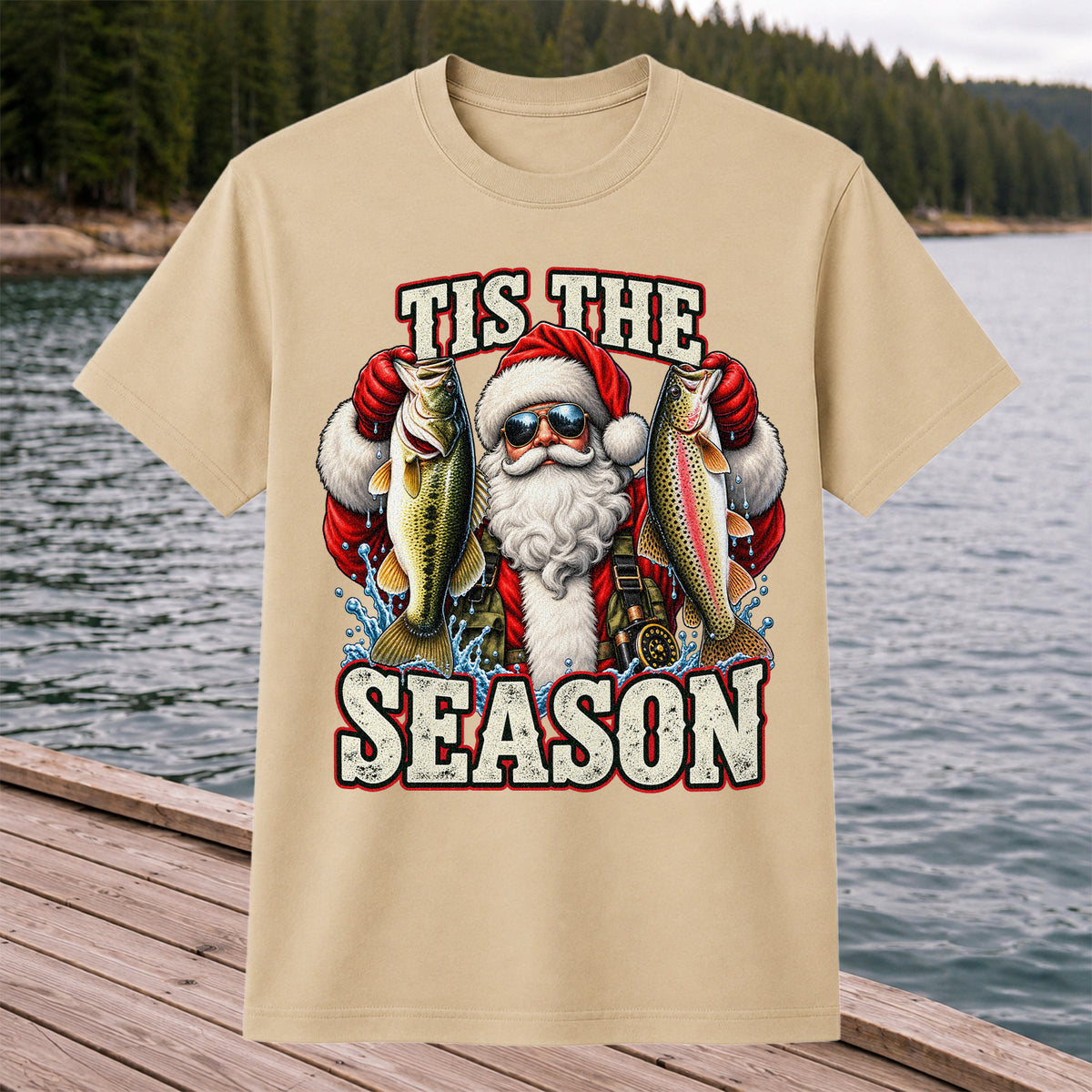 Tis the Season Santa Holding Bass and Rainbow Trout Christmas Fishing T-Shirt