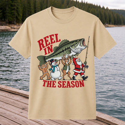 Reel in the Season Bass Christmas Fishing Graphic T-Shirt