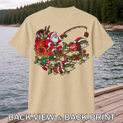 Santa Pulling Festive Bass Fishing Graphic T-Shirt | Back Print