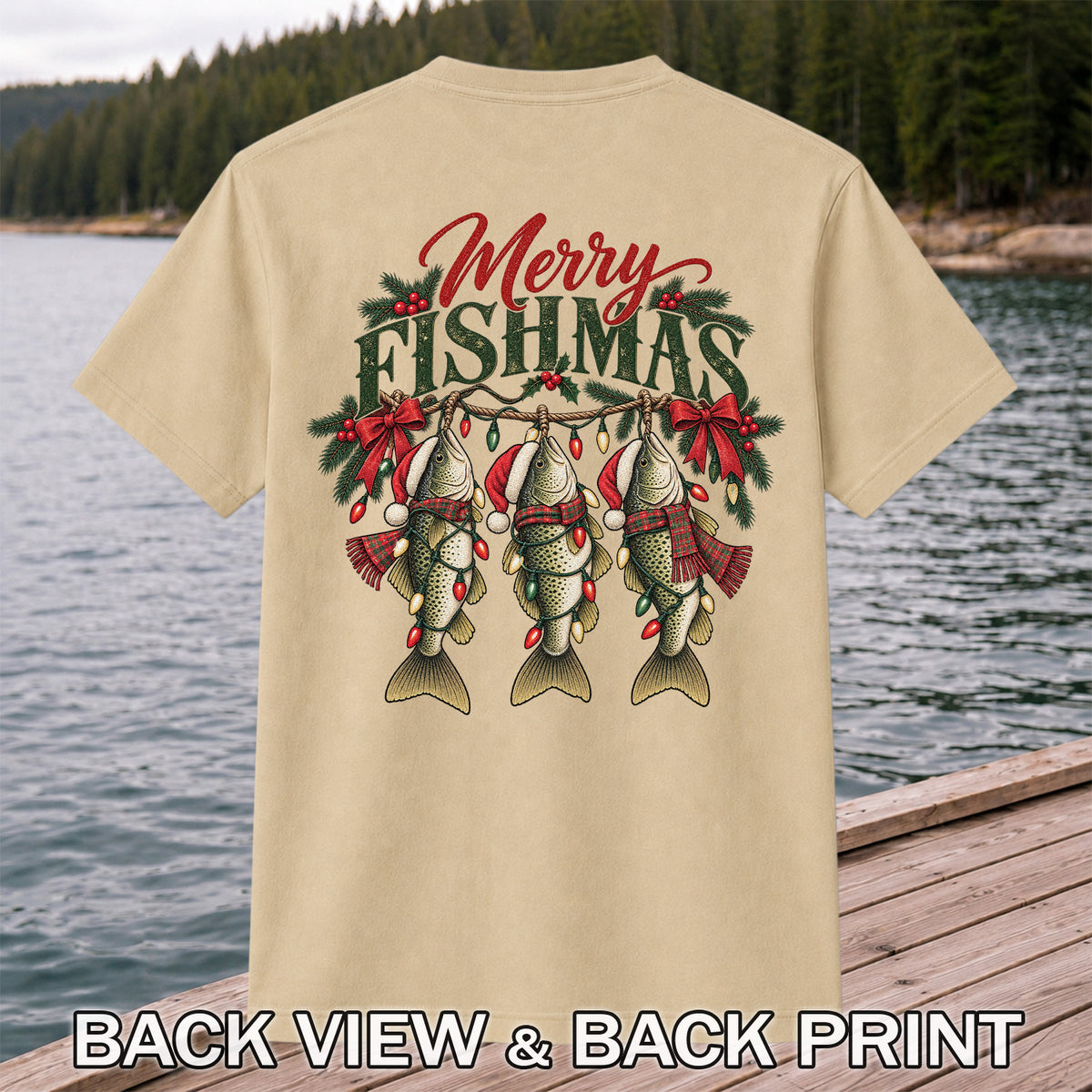 Merry Fishmas Christmas Trout Fishing Graphic T-Shirt | Back Print
