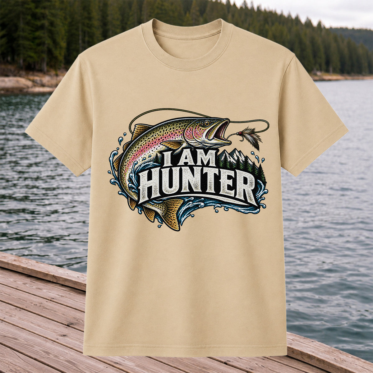 I Am Hunter Rainbow Trout Fly Fishing Mountain Graphic T-Shirt