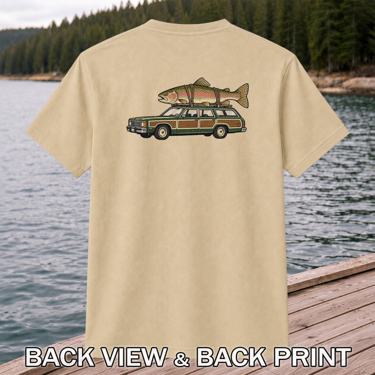 Vintage Station Wagon Carrying Rainbow Trout Fishing T-Shirt | Back Print