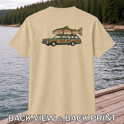 Vintage Station Wagon Carrying Rainbow Trout Fishing T-Shirt | Back Print