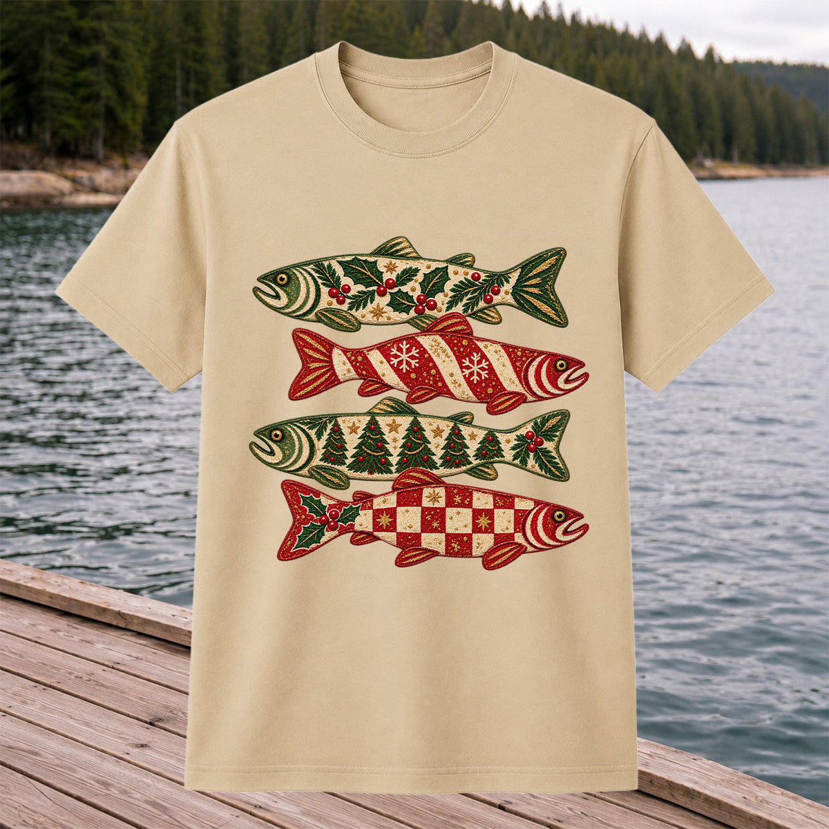 Christmas Trout Holiday Pattern Fishing Graphic T-Shirt