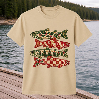 Christmas Trout Holiday Pattern Fishing Graphic T-Shirt