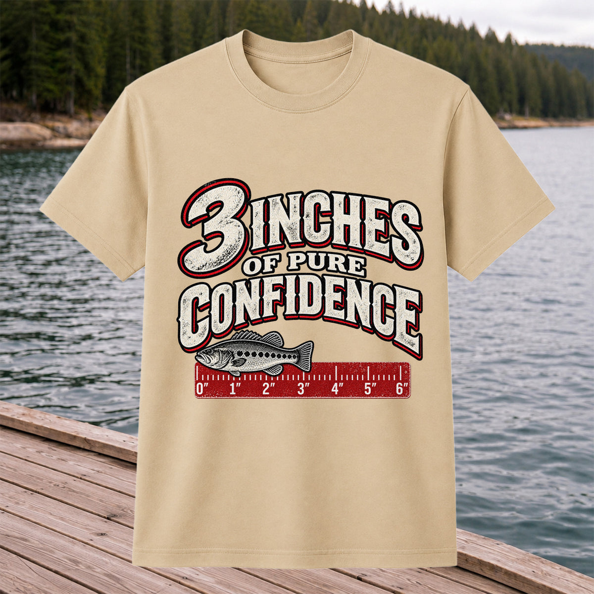 3 Inches of Pure Confidence Bass and Ruler Funny Fishing T-Shirt
